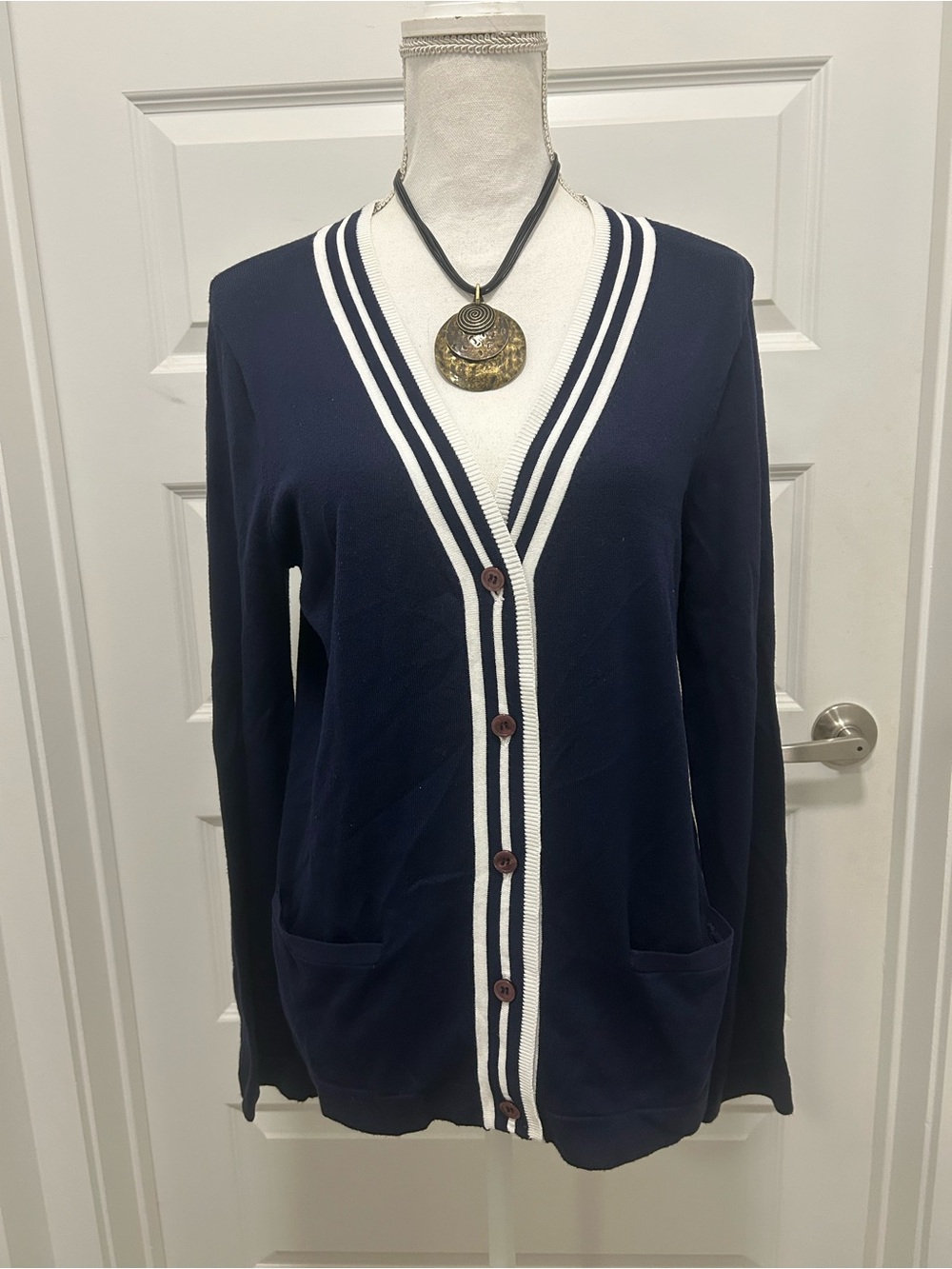 Liz Claiborne Navy Blue Cardigan with White Trim